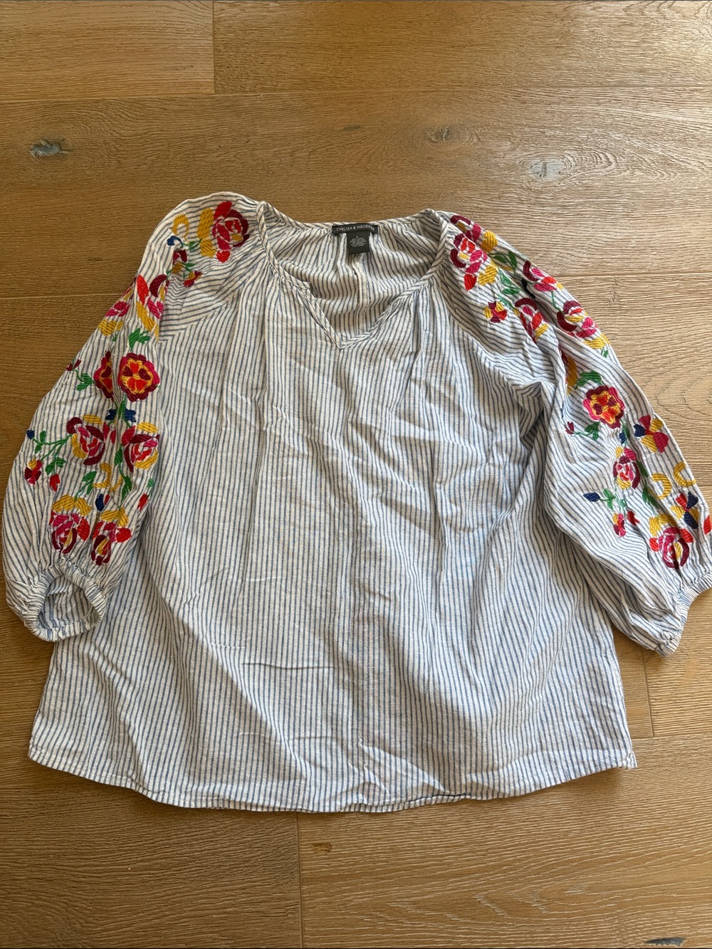 Colorful Striped Peasant Top with Floral Embroidered 3/4 Sleeves - White/Blue